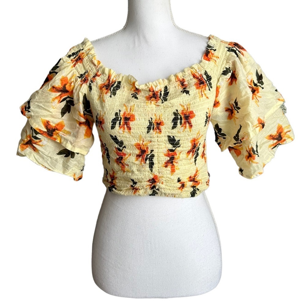 Love By Chelsey 100% Cotton Floral Puff Sleeve Crop Top Size Large